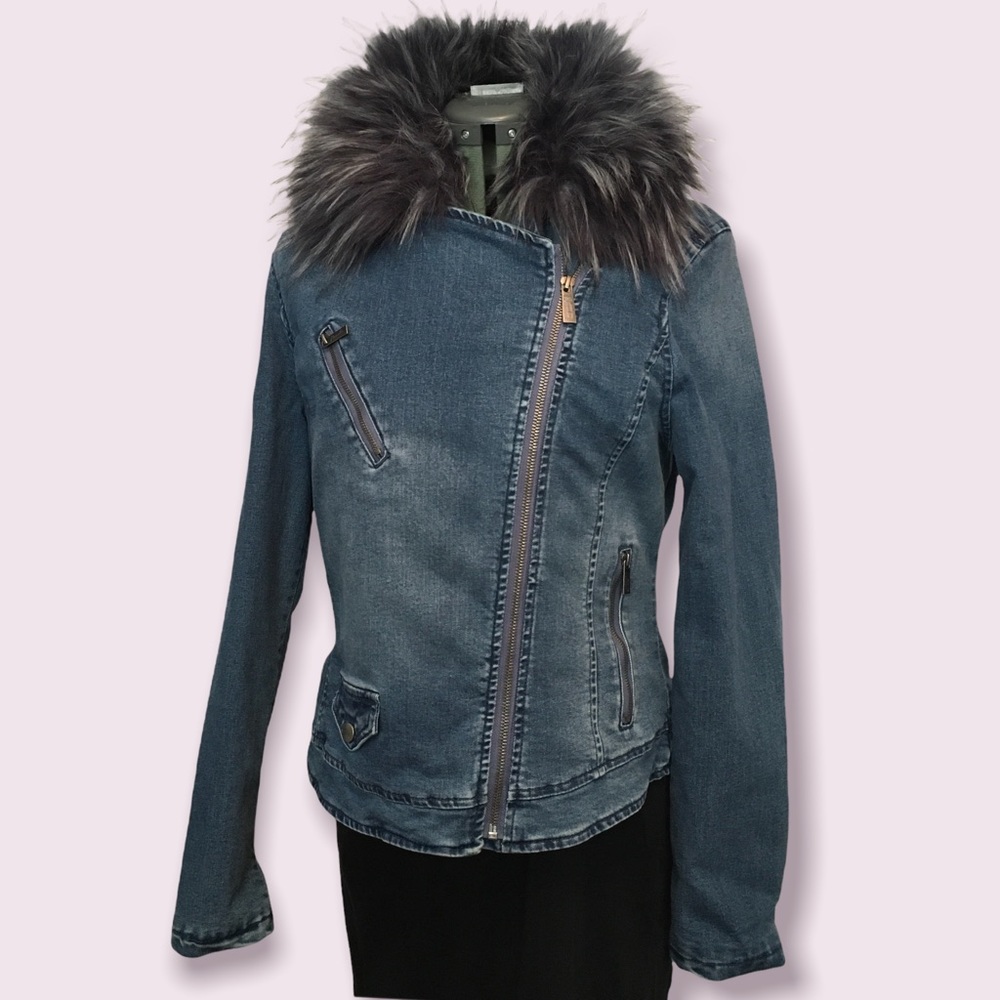 Nanette LePore Denim Motorcycle Jacket with Lush Detachable Faux Fur Collar NWOT